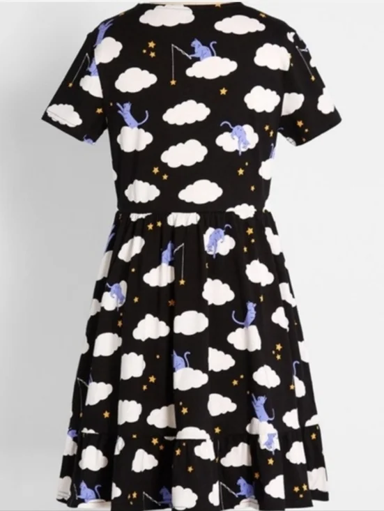 Modcloth Wishing On A Star Cat Clouds Novelty Print Babydoll Retro Cotton Dress - Picture 13 of 16